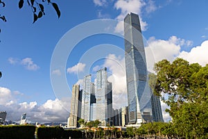 City landscape in West Kowloon waterfront park in Hong Kong