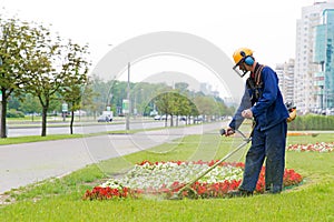 City landscaper cutting grass