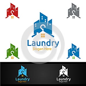 City Laundry Dry Cleaners Logo with Clothes, Water and Washing Concept