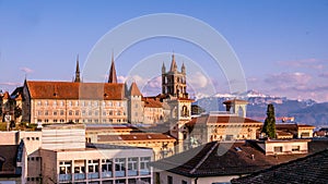 City of Lausanne. Cityscape image of downtown Lausanne, Switzerland in sunset