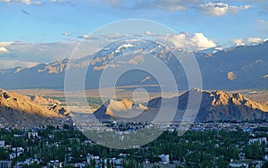 The City of Leh and the bare Himalayan mountains- View from the Shanti Stupa in Leh district, Ladakh, in the north India 2020