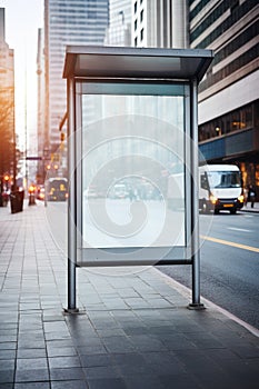 City life with blank bus stop ad and walking man