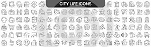 City life icons collection in black. Icons big set for design. Vector linear icons