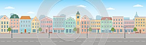 City life illustration with house facades, road and other urban details. Panoramic view.
