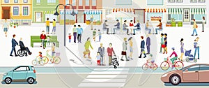 City life and leisure with pedestrians illustration