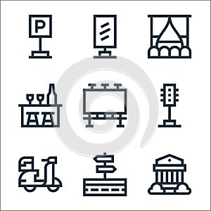 city life line icons. linear set. quality vector line set such as bank, directions, scooter, traffic lights, billboard, bar, movie