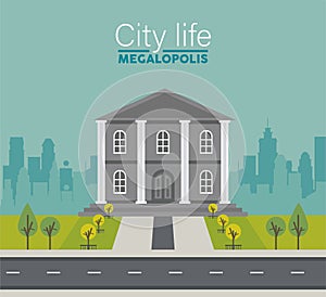 city life megalopolis lettering in cityscape scene with governmental building