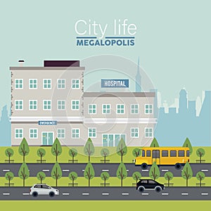 city life megalopolis lettering in cityscape scene with hospital buildings and vehicles