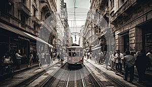 City life in motion Cable car, tramway, subway, and vanishing point generated by AI