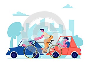 City Life Traffic. People Driving Different Transport as Cars and Bicycle on Speedway. Male Characters Riding Cycle and Automobile