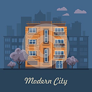 City life. Vector illustration with buildings, detached house