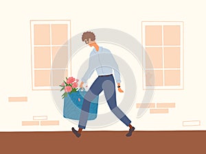 City life vector illustration with sad man with glasses walking down sidewalk street past windows building holding in hand bag of