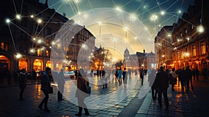 City lights and 5G internet lines paint picture of modern urban living as crowd converges on streets