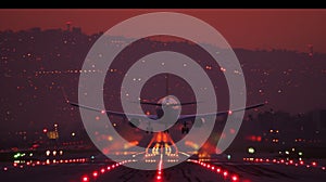 The city lights le in the distance as planes take off against the backdrop of the runway lights creating a surreal and