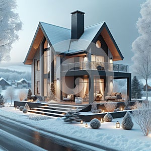 City Lights in Winter: View of a Modern Home on a Snowy Evening