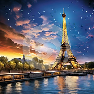 City of Lights: Witness the shimmering elegance of Paris as nightfall illuminates the Eiffel Tower