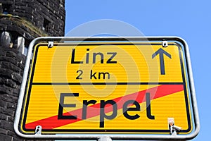 city limits end sign at east towers of former bridge of Remagen