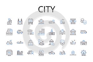 City line icons collection. Town, Metropolis, Capital, Municipality, Township, Settlement, Conurbation vector and linear photo