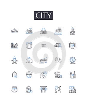 City line icons collection. Town, Metropolis, Capital, Municipality, Township, Settlement, Conurbation vector and linear photo