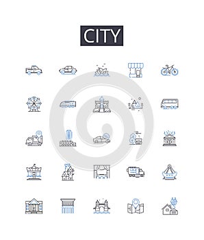 City line icons collection. Town, Metropolis, Capital, Municipality, Township, Settlement, Conurbation vector and linear photo