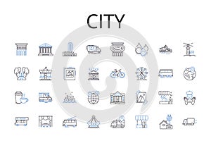 City line icons collection. Town, Metropolis, Capital, Municipality, Township, Settlement, Conurbation vector and linear photo