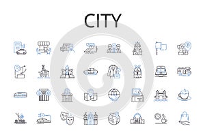 City line icons collection. Town, Metropolis, Capital, Municipality, Township, Settlement, Conurbation vector and linear photo