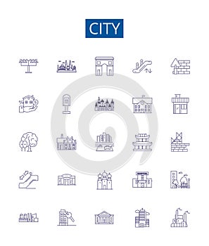 City line icons signs set. Design collection of urban, metropolis, municipality, settlement, town, village, borough