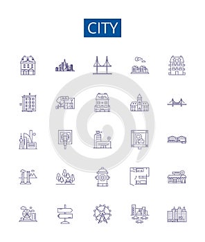 City line icons signs set. Design collection of urban, metropolis, municipality, settlement, town, village, borough