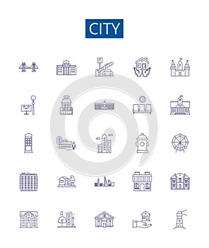 City line icons signs set. Design collection of urban, metropolis, municipality, settlement, town, village, borough