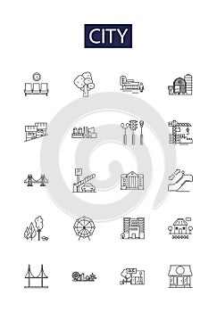 City line vector icons and signs. Municipality, Metropolis, Urban, Settlement, Conurbation, Community, Capital, Place photo