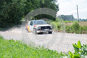 Amateur rally, dirt road, car with rider. Latvia 2018