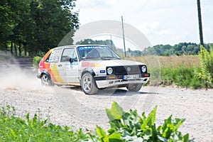 Amateur rally, dirt road, car with rider. Latvia 2018