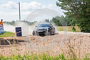 Amateur rally, dirt road, car with rider. Latvia 2018