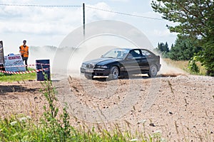 Amateur rally, dirt road, car with rider. Latvia 2018