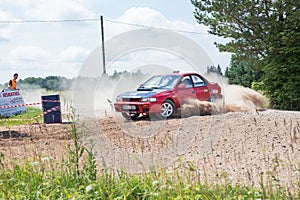 Amateur rally, dirt road, car with rider. Latvia 2018