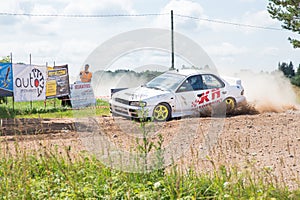 Amateur rally, dirt road, car with rider. Latvia 2018