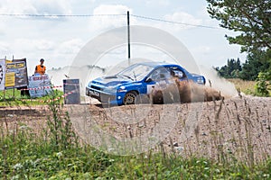 Amateur rally, dirt road, car with rider. Latvia 2018