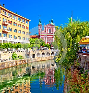 City of Ljubljana historic riverfont view