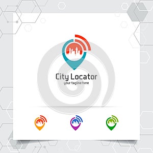 City locate logo vector with concept of pin map locator and wifi cityscape symbol design for travel, local guide, gps, and tour