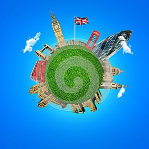 City of London. England Attractions. Red bus, green planet.