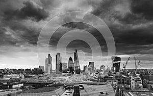 City of London financial district square mile skyline with storm