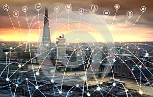 City of London and river Thames at sunset. Illustration with communication and business icons, network connections concept.