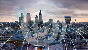 City of London at sunset. Illustration with communication and business icons, network connections concept.