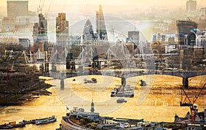 City of London at sunset. Multiple exposure image includes City of London financial aria. UK London