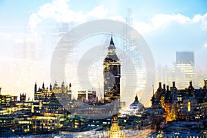 City of London at sunset. Multiple exposure image includes City of London financial aria. UK London