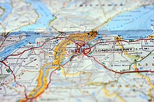 City of Londonderry at the border between Northern Ireland and Irish Republic on a paper map