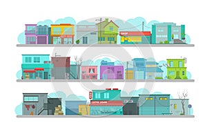 City long street. Set of architecture town buildings. Flat vector graphics. A lot of various details happy bright flat