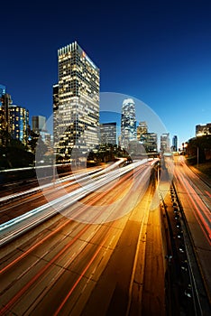 City of Los Angeles California at sunset with light trails