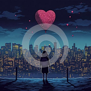 City Love: Person holding heart-shaped balloon in front of skyline at night