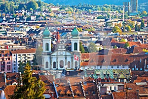 City of Luzern church and rooftops aerial view